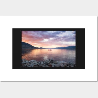 Dramatic Sunset and Boat on Okanagan Lake Posters and Art